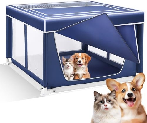 Hunde-Laufstall – Welpen-Laufstall mit abnehmbarem Dach, Hunde-Laufstall für den Innenbereich, 107,7 x 107,7 x 65,6 cm, für kleine Hunde und Kleintiere, Hundezaun für drinnen und draußen,