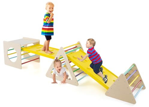 COSTWAY 5 in 1 Toddler Climbing Frame, Wooden Indoor Triangle Climber Set with 2 Ramps and Cube Ladder, Montessori Climbing Toys Play Gym for Kids