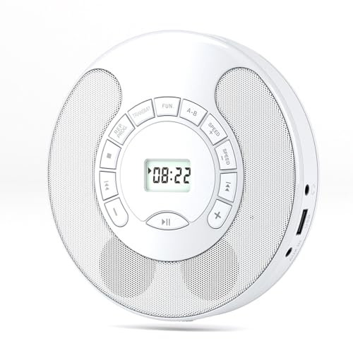 Reproductor de CD portátil, Walkman recargable con Bluetooth, admite hasta 5 formatos de CD, 5 modos de reproducción, parlantes estéreo duales incorporados, para automóvil y uso personal (blanco)