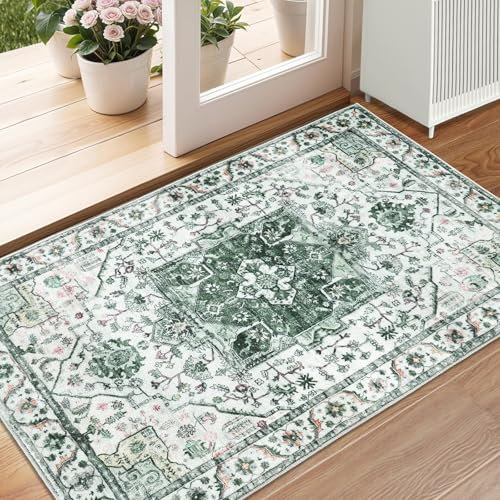 XSIVOD Entryway Rug Indoor Door mat, Green Small Washable Area Rugs for Kitchen Bathroom Mat, Low Pile Vintage Rug, Non-Slip Bedroom Carpet for Front Door Entrance Welcome Mat, 60 x 90 cm
