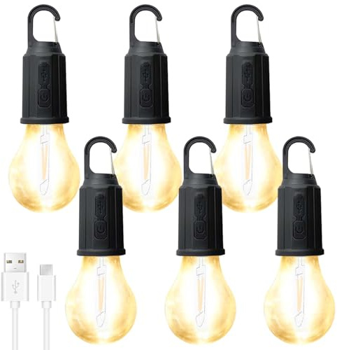 Lot de 6 lanternes de camping LED rechargeables avec crochet, lampes de camping rechargeables, lampe de camping portable, pour le camping, l'aventure, la pêche, les urgences