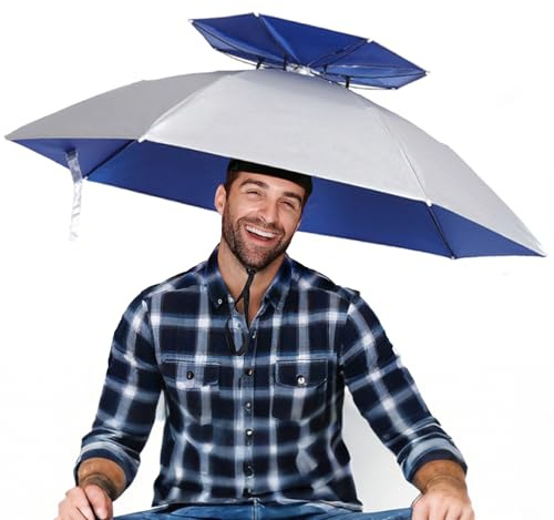 MUFEKUM 37in Hands-Free Umbrella Hat for Adult, Waterproof Sun Rain UV Shield Protection Outdoor Umbrella Cap, Double Layer Folding for Hiking, Fishing, Beach, Gardening