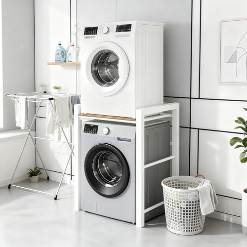 Portable Washer and Dryer Stand, Heavy Duty Steel Shelf Over Washer and Dryer, Laundry Room Organizer with Adjustable Laminate, Washing Machine Shelf for Bathroom and Laundry Room (White)