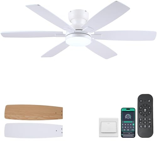 Kviflon 52 Ceiling Fans with Lights, Low Profile Ceiling Fan with Light and Remote/APP Control, Flush Mount Ceiling Fan with 6 Reversible Fan Blades, 3CCT, Dimmable, Quiet Motor for Kidsroom White | Low Profile Flush Mount,Reversible Double Sided Wood Blades,6 Speeds,3 CCT Dimmable LED Lights for Bedroom,White+Burlywood