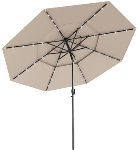 GOPLUS Parasol de Jardin Exterieur avec 32 LED Solaire, 3M Parasol Balcon Inclinable avec Toit à 3 Niveaux, 8 Baleines, Manivelle, Protection Solaire, pour Terrasse, Plage, Patio (Beige)