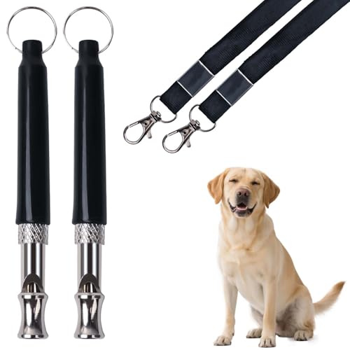 INSPUTOL Pack of 2 Adjustable Dog Training Whistles with Lanyard, High Frequency Silent Whistles for Recall and Bark Control(Black)