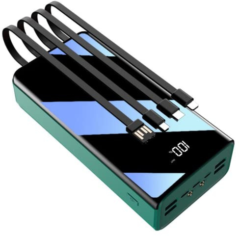 Power Bank, 50000 mAh per telefono, caricabatterie portatile a ricarica rapida, 4 cavi integrati, batteria esterna con torcia a LED e display LCD, 4 ingressi e 7 uscite, verde