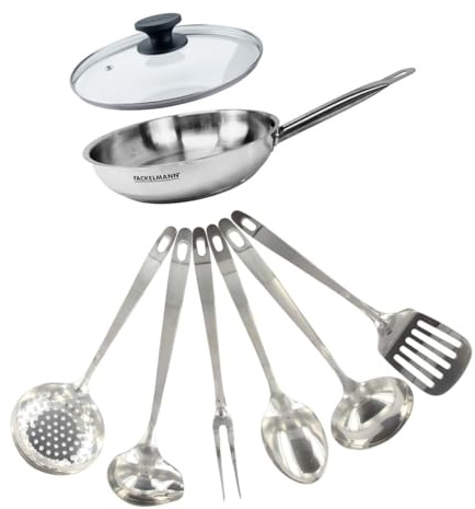 Fackelmann Set poêle inox 24 cm, couvercle verre et 6 ustensiles inox | Cuisson complète, Poêle 24 cm avec couvercle verre, 6 ustensiles inox, Tous feux induction, Inox 18/8, Sans PFAS