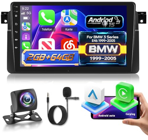 Autoradio per BMW E46 3 Series 1999-2005,[2G+64G] Android Autoradio 9 Touch Screen con Carplay e Android Senza Fili/Bluetooth/WiFi/Bluetooth/EQ/FM RDS Radio
