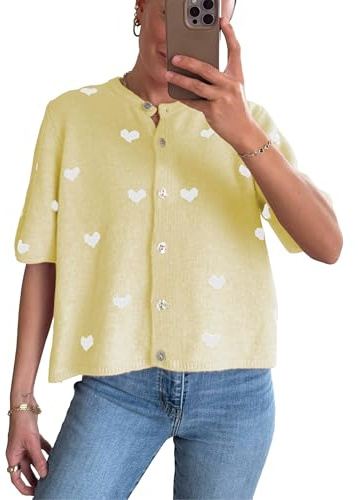 Springrain Womens Lightweight Short Sleeve Cardigan Button down Cropped Cute Heart Sweaters Knitwear(Yellow-S)