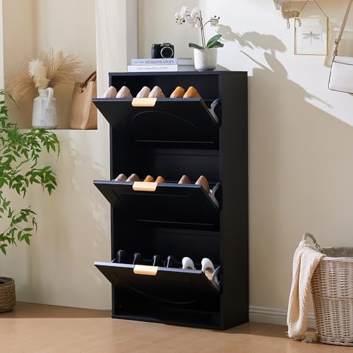 SogesHome Schuhschrank Schmal mit Schuhkipper und 3 Klappen | Schuhkommode für kleine Räume, Flur & Wohnzimmer | 60x24x114 cm (Schwarz)
