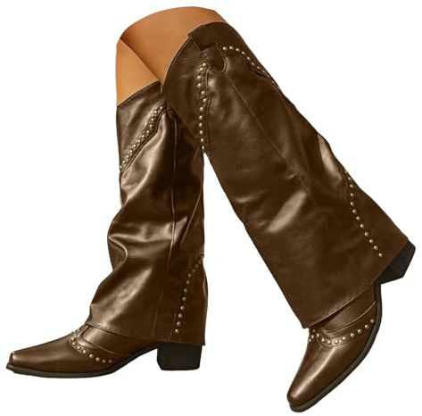 Xbemkste dam knähöga stövlar vintage nitar hög slip-on cowboystövlar med revers blockklack spets tå västerländska stövlar långa stövlar vattentät stövlar vinterstövlar, kaki, 39 EU