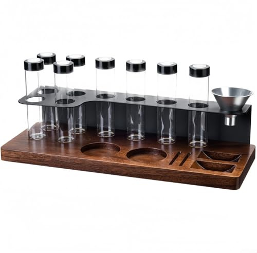 Sileduove Espositore per chicchi di caffè, con 8 tubi di vetro e supporto in metallo, con imbuto per stazione di pressatura espresso, mantiene i chicchi di caffè freschi e saporiti