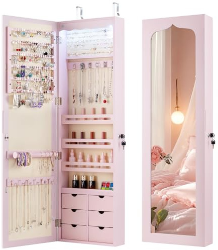 RELAX4LIFE Armoire à Bijoux Murale avec Miroir, 5 Lumières Automatiques, Miroir Rangement Bijoux avec 6 Tiroirs pour Boucles d'Oreilles Colliers Cosmétiques (Rose | Tiroir en MDF)