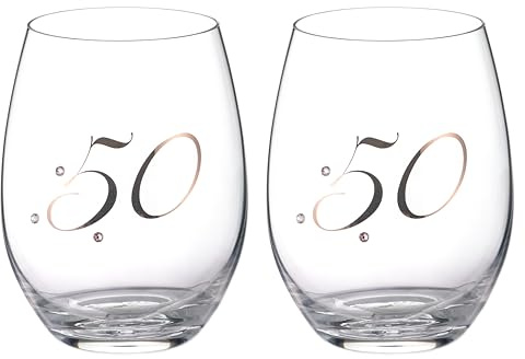 DIAMANTE Lot de 2 verres à vin sans pied en cristal de qualité supérieure sans plomb avec ornements, 380 ml (50e anniversaire/anniversaire)