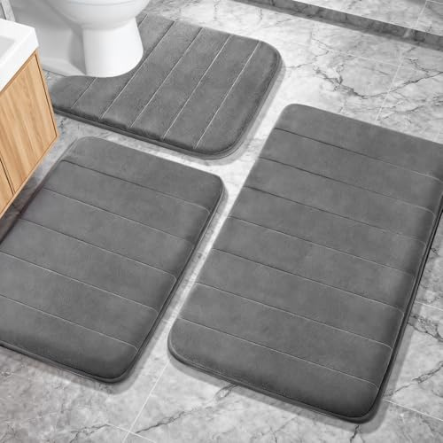 DASIAUTOEM Lot de 3 tapis de bain en mousse à mémoire de forme et tapis WC en forme de U, antidérapant et absorbant, lavable, doux, pour douche, baignoire, WC (gris foncé)
