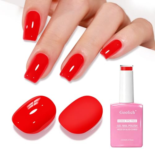 Goolich Smalto Semipermanente Unghie Rosso Neon, 15 ML Senza HEMA e TPO Smalto Gel Rosso per Unghie Soak off a Immersione UV LED Design Unghie