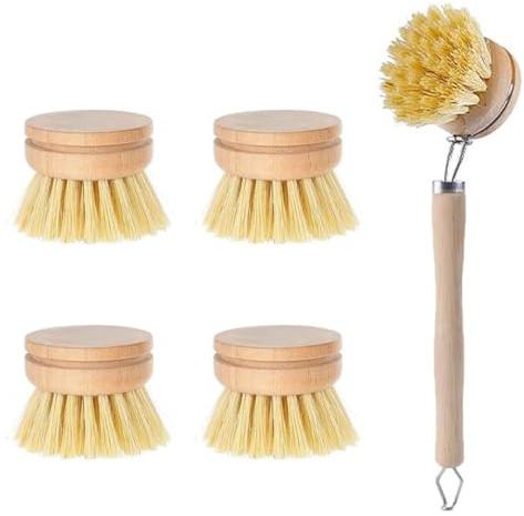Holz-Spülbürsten-Set mit 1 Griff und 4 auswechselbaren Köpfen, Bambus-Spülbürste mit austauschbaren natürlichen Scheuerköpfen, plastikfreie, umweltfreundliche Küchenreinigung