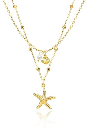 Zeffy Seashell Layered Charm Necklace for Women Dainty 14k Gold Plated Starfish Shell Pearl Pendant Waterproof Necklace Stack Choker Chain Jewelry for Summer Beach Vacation