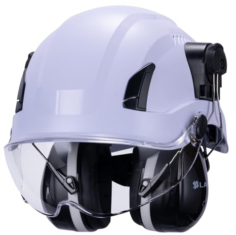 Land Helmets EcoPro Climb Kit - 3 in 1 Safety Helmet - ANSI Z89.1 Type I Class C - NRR 22 DB Earmuffs & ANSI Z87.1 Visor - White/Clear Visor