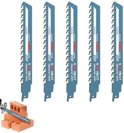 Lot de 5 lames de scie sabre avec pointe en carbure pour la coupe du béton, de la brique, du ciment, du béton cellulaire, pour la coupe du béton cellulaire, pour scie à recette, scies sabre et scies
