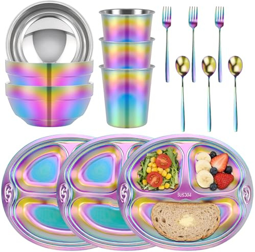 15 Pcs Rainbow Stainless Steel Dinnerware Set with Divided Plates | 3 Bowls, 3 Divided Plates, 3 Cups, 3 Spoons & 3 Forks, Reusable Metal Camping Tableware for Picnics, School Lunches & Home
