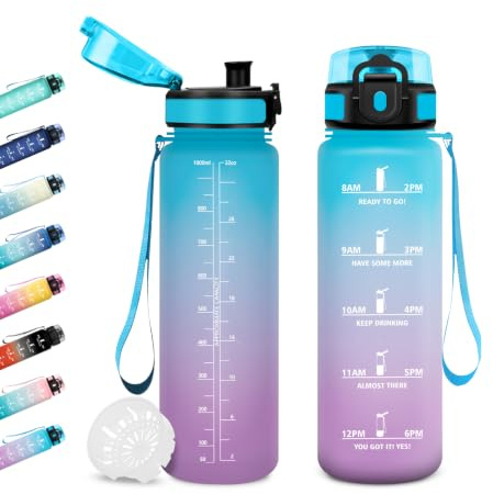 Sportflasche 1L, Auslaufsicher, Trinkflasche mit Zeitmarkierung und Filter, BPA-frei, Trinkflasche Kohlensäure Geeignet, Motivierende Wasserflasche für Fitness, Schule, Fahrrad, Yoga, Camping,