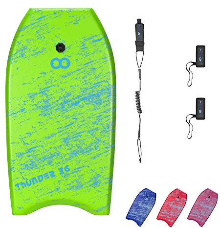 WOOWAVE Bodyboard 33-inch/36-inch/41-inch Super Lightweight Body Board with Coiled Wrist Leash, Swim Fin Tethers, EPS Core and Slick Bottom, Perfect Surfing for Kids Teens and Adults（36 inch, Green）