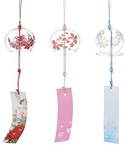 BENECREAT 3 campanillas de Viento japonesas de Cristal Rosa Cereza/Rojo/Azul, Colgantes Hechos a Mano para Regalo de cumpleaños y decoración del hogar