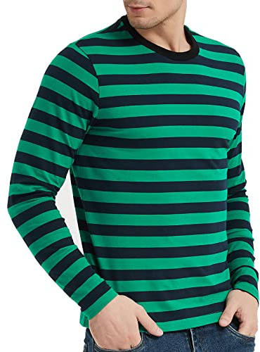 LEDING&BEST T-Shirt da Uomo Casual Cotone Spandex a Righe Girocollo Manica Lunga t-Shirt Basica Pullover Stripe Uomo Maglietta