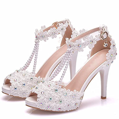 Scarpe da Sposa, Scarpe con Tacchi da Damigella d'Onore, Tacco a Spillo da Sposa delle Donne per Matrimoni, Feste, Feste da Ballo, Sandali con Tacco,Bianca,39 EU