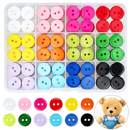 300 Stück Bunte Knöpfe 15mm 2-Loch Harz Rund Mit Aufbewahrungsbox für Nähen Kinder DIY Handwerk Scrapbooking und Dekorieren, 12 Farben