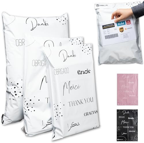 EMBALLAX - 60 Versandtaschen MIT TASCHE FÜR VERSANDETIKETT - 3 Größen M/L/XL - WIDERSTANDSFÄHIG/WASSERDICHT - Versandtüten für Kleidung - Warensendung Umschlag für Kartons - Versandbeutel - Danke