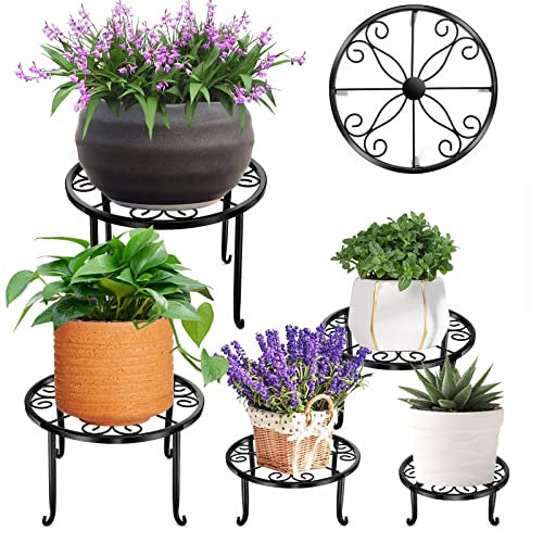 MUAEEOK 5 Pack Metal Plant Stand for Outdoor Indoor Plants, Heavy Duty Flower Pot Stands for Multiple Plant, Rustproof Iron Round Plant Shelf for Planter, Potted Plant Holder for Garden Home (Black)
