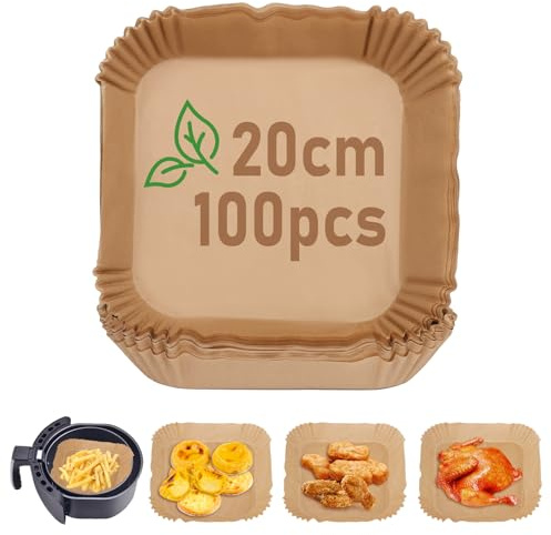 JOPHEK Backpapier Air Fryer, 100 Stück, quadratisch, für Heißluftfritteuse (20 cm)