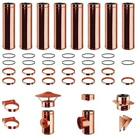 Kit Fumi Diametro 130 con Doppia Parete Interno Acciaio Inox DW25 Esterno Rame Naturale, Altezza 8,54m, Kit Stufa a Pellet, Canna Fumaria Coibentata con Lana Minerale Alta Densità, 25 mm | Brico Kit
