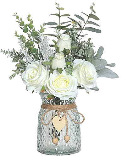 VIERENA Fleurs artificielles avec Vase, Roses artificielles en Soie dans de Fausses Plantes d'eucalyptus pour la Maison, Le Bureau, la Ferme, la Table à Manger, décoration de Centre de Table,