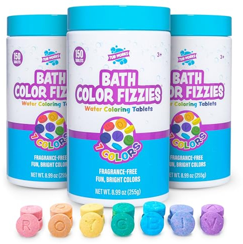Tub Works® Bath Color Fizzies®, 150 Count, 3 Pack | Nontoxic & Fragrance-Free | Color Bath Drops Create Fun Bath Colors | Bath Color Tablets in 7 Colors for Variety | Bath Bombs for Kids Bath