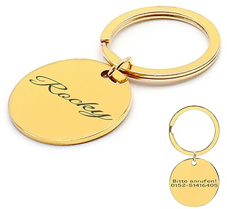 Tiermarke mit Gravur - Personalisiert mit Name - Namensschild für Halsband - Anhänger Marke für Hunde und Katzen - Dog Cat Tag (Gold, Ø 30mm)