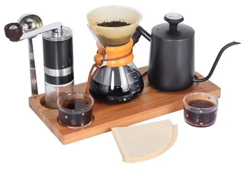 SOTECH Coffee Dripper Set, Wooden Storage Tray and Cute Cup, 600ml Glass Kettle, Coffee Paper Filter, Stainless Steel Grinder, Outdoor Travel Picnic (Portable Gift Set)