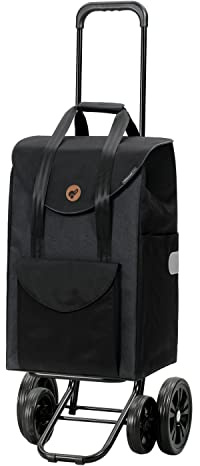 ANDERSEN Einkaufstrolley - Quattro Shopper Senta 2.0 schwarz | mit 4 Rädern, höhenverstellbar, schieb- und ziehbar, bis 50 kg - Tasche mit Kordelzug, Fronttasche, Reflektoren, 49 L
