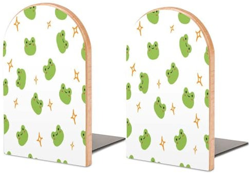 Quteprint Buchstützen aus Holz für Regale, Schreibtisch-Buchstützen, niedliche Tiere, Frösche, Sterne, dekorativ, Büro, Zuhause, Schule, Buchhalter, robuste Buchstopper für Filme, Bücher, Größe M,