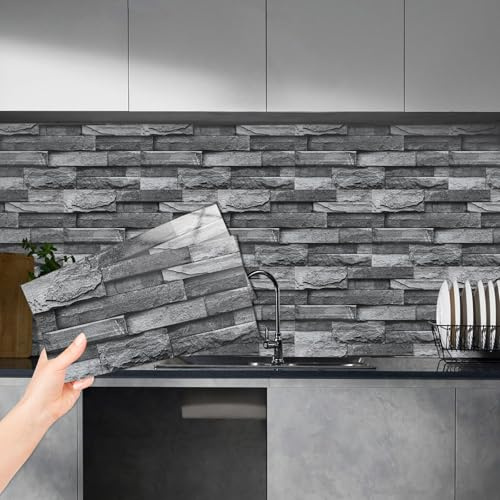 Abyssaly Dark Grey Brick Self Adhesive Wall Tile Stickers for Kitchen | 15x30cm White Stick on Tiles Peel and Stick on Tiles for Home Decor DIY Bathroom, Backsplash, 24pcs
