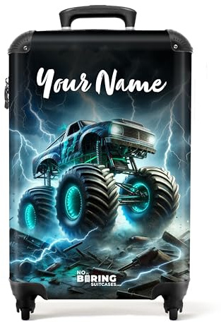 NoBoringSuitcases.com Kinderkoffer, Reisekoffer Personalisiert, Kinderkoffer Jungen, Koffer Für Kinder, Kinder Reisekoffer, Kindertrolley Jungen, Handgepäck 55x40x20 cm (Monstertruck - Dunkelblau)