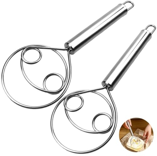 2PCS Danish Dough Whisk, Stainless Steel Ring Bread Whisk, Dough Mixer Hand Dough Whisk Bread Making Tools for Dough Bread Cake Pizza and Biscuits