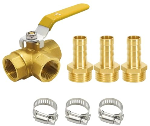 BesNPT 3 Way T-Port Brass 5/8 Hose Barb Forged Ball Valve 1/2 NPT Female