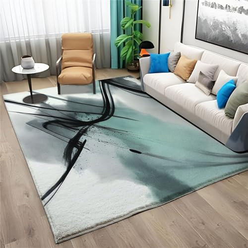 Teppich Supersoft Kurzflor - Teppich Abstrakte Tuschemalerei Waschbar Für Wohnzimmer Schlafzimmer Sofa Dekorativer Jugendzimmer Badezimmer Aus Polyester Fußmatte Weiß 160 X 230 cm