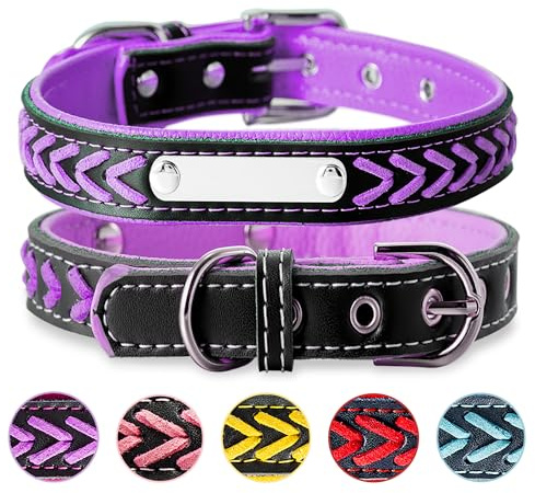 Buruslove Geflochtenes Leder Hundehalsband mit Gravur – Personalisiertes Halsband in Lila mit Namensschild, verstellbar und weich, für Welpen, Größe XS
