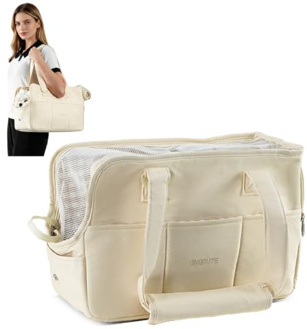 PETCUTE Hundetasche,Atmungsaktive Hundetragetasche mit Seitentaschen und Taschen,Tragetasche für Kleine Mittlere Hund Katze mit Herausnehmbarer Matte, für Einkaufen Reisen,Airline Genehmigt