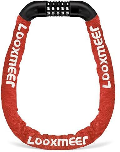 Looxmeer Candado Bicicleta Antirrobo, Cerradura Combinación 5 Dígitos, Bloqueo de Alta Seguridad, Candado de Cadena sin Llave, para Bici Moto Scooter, 90CM, Rojo